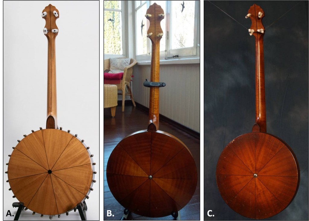 Three different finish colours in Vega tenor banjos in the two ‘periods’ of production. From the Imperial Torch period, A. a ~1918 Style M with ‘natural’ finish to plain maple neck, and B. a 1922 Style M with the “antique” finish. C. The Vega and Vines period “amber brown” on a 1923 + Style M. Note the two resonator types.